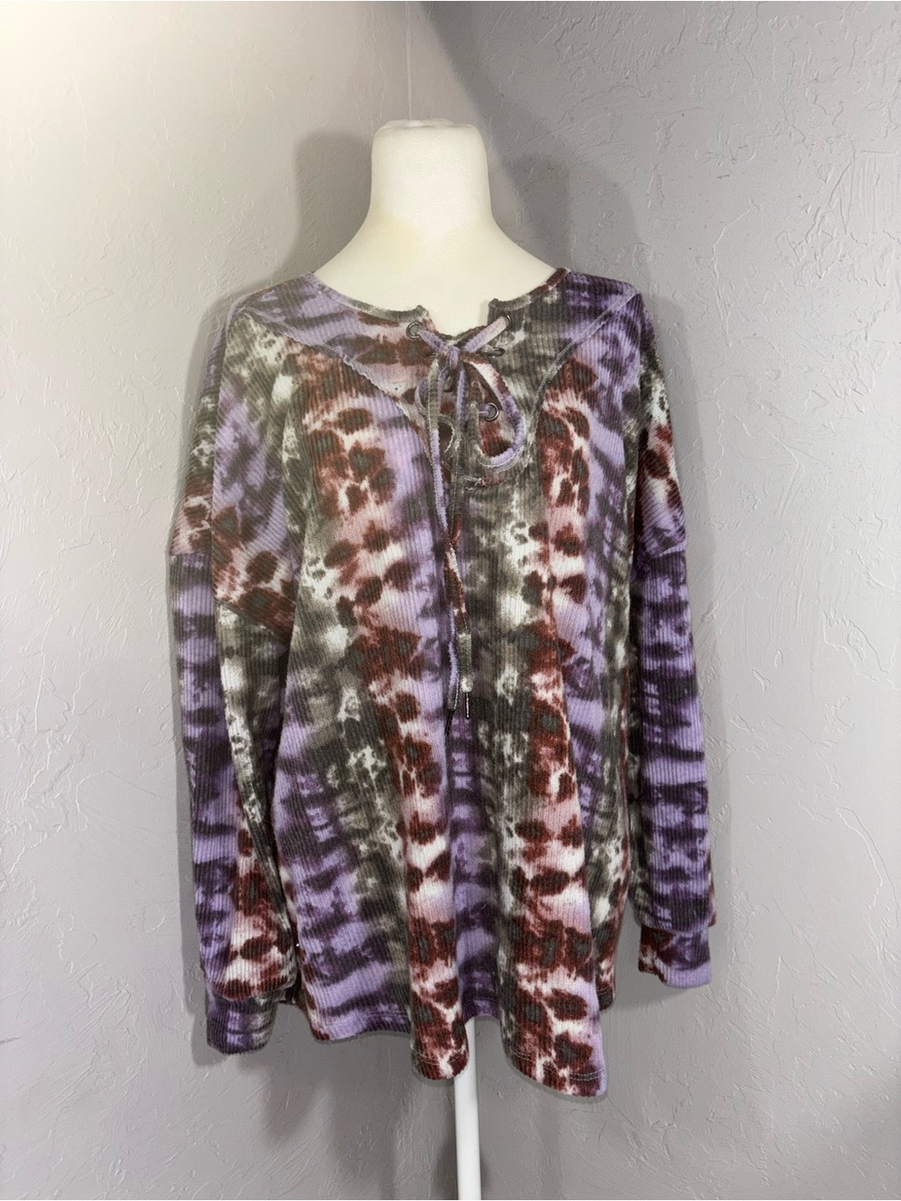 French Laundry Lavender, Gray & Brown Tie-Dye Lace-Up Long Sleeve Top